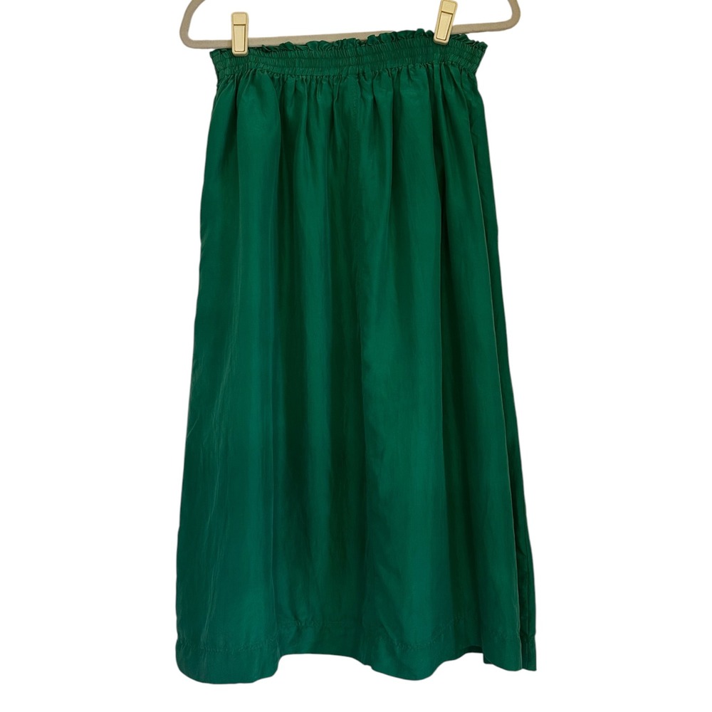 Silk Land Emerald Green 100% Pure Silk Midi Skirt Elastic Waist Womens M Vintage